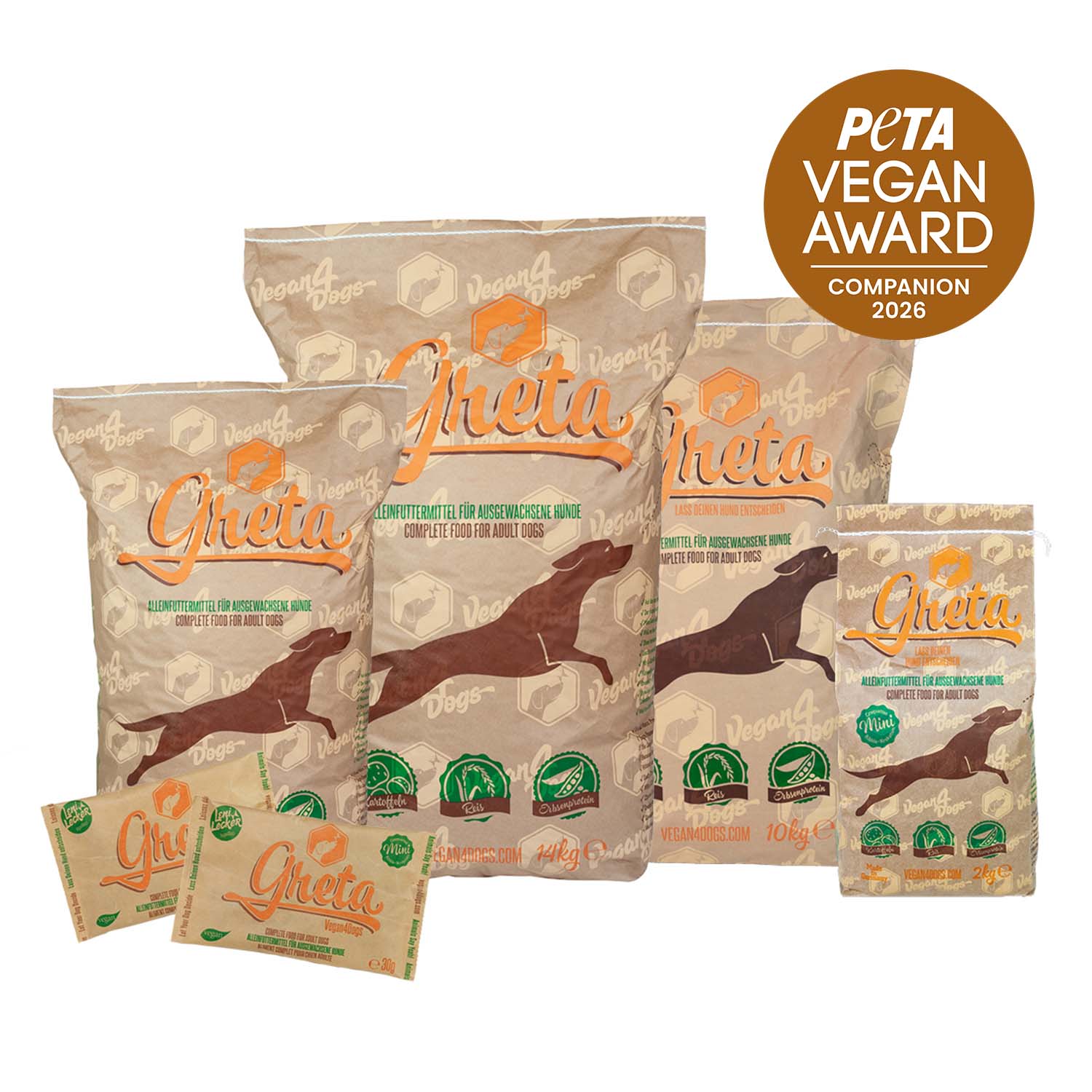 Vegan4Dogs Greta vegan dry dog food product family in various sizes with PETA Vegan Award 2026