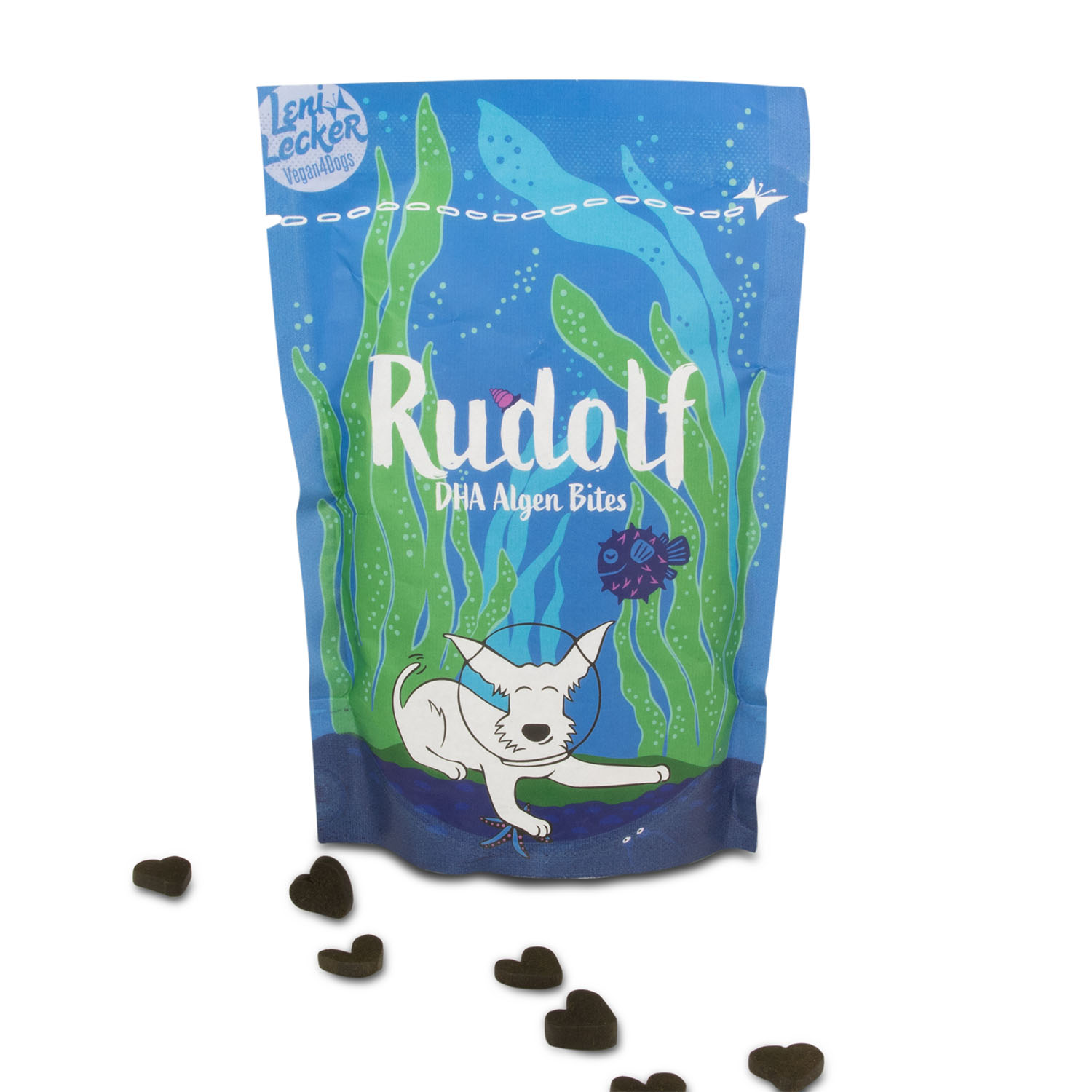 Vegan4Dogs Rudolf DHA Algae Bites 100g pack, plant-based Omega-3 source for dogs.