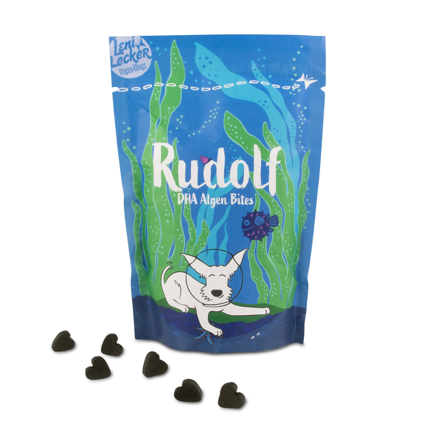 Rudolf DHA Algae Bites by Vegan4Dogs, healthy vegan dog snack rich in Omega-3 fatty acids.