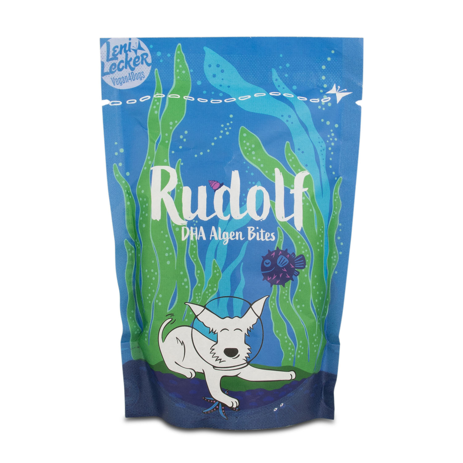 Front view of the Vegan4Dogs Rudolf DHA Algae Bites packaging for DHA supply.
