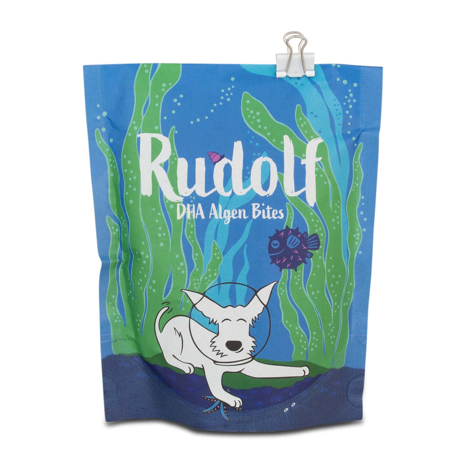 Vegan4Dogs Rudolf DHA Algae Bites, vegan dog treat pouch sealed with a clip.