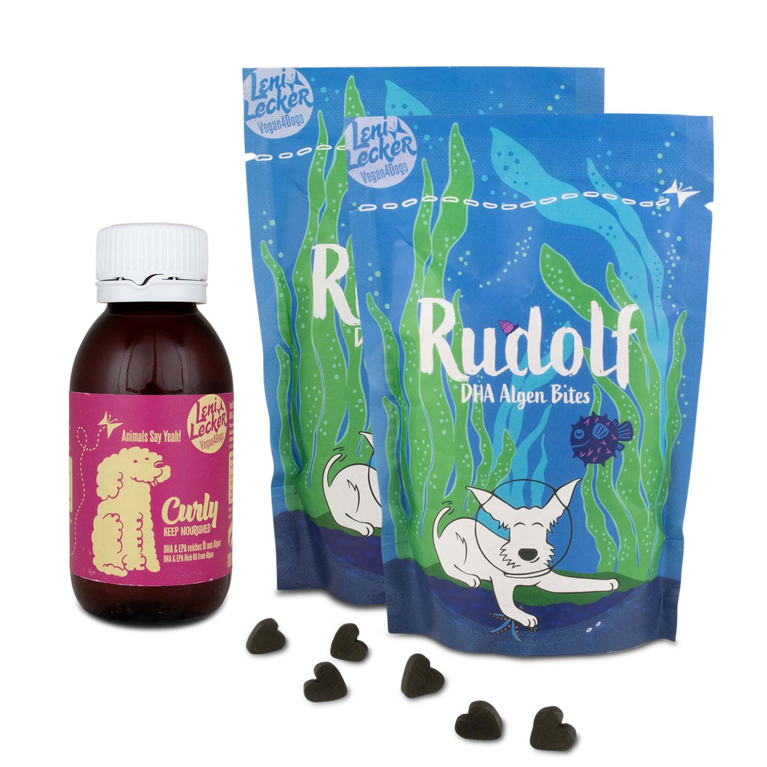 Vegan4Dogs Bundle featuring Curly Omega-3 Algae Oil and Rudolf DHA Algae Bites for Dogs