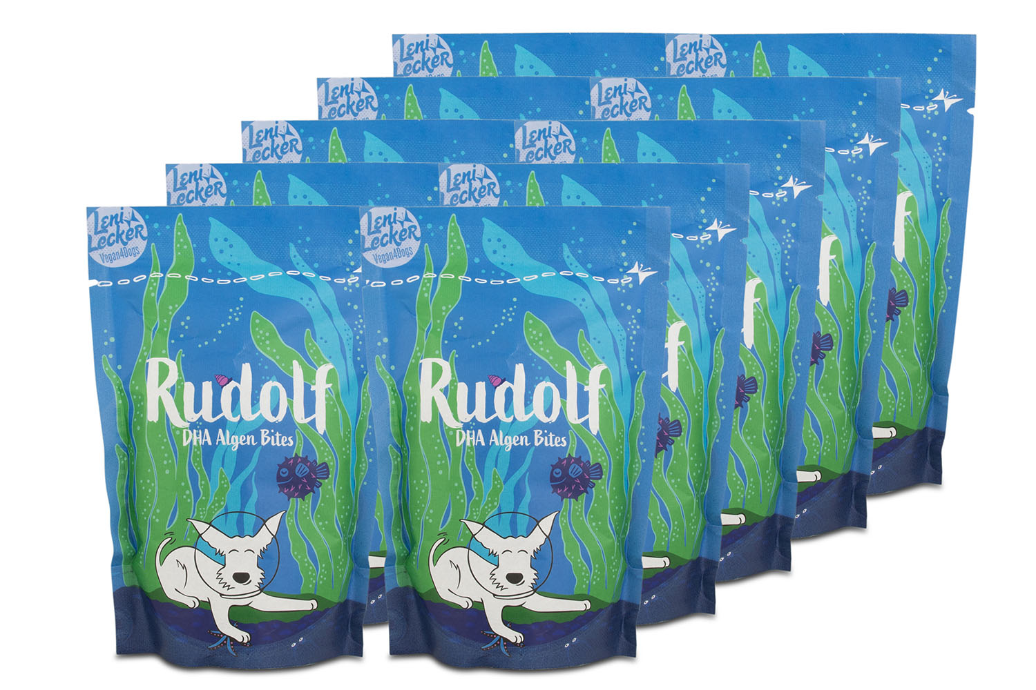 Vorratspackung mit 10 Beuteln Vegan4Dogs Rudolf DHA Algen Bites – ideal für die langfristige und preiswerte DHA-Versorgung deines Hundes.