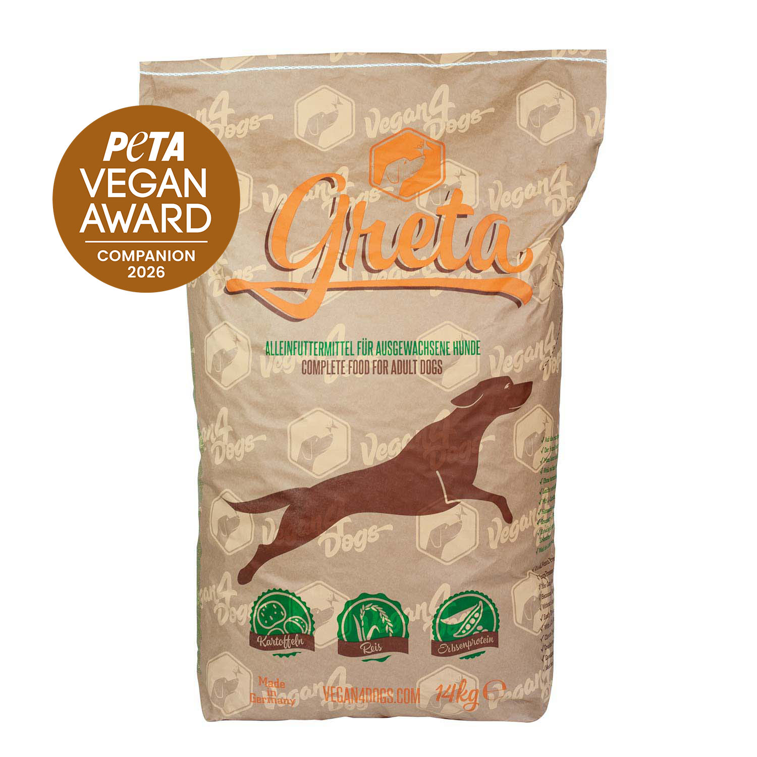 Vegan4Dogs Greta veganes Hundetrockenfutter 14kg Papiersack mit PETA Vegan Award 2026 Siegel